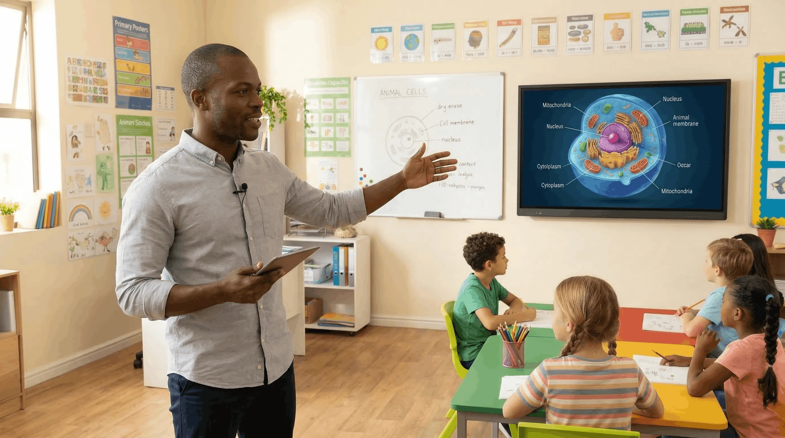 Profesora explicando en un aula presencial con contenido de IA proyectado — clase aumentada con PIXLAB Class