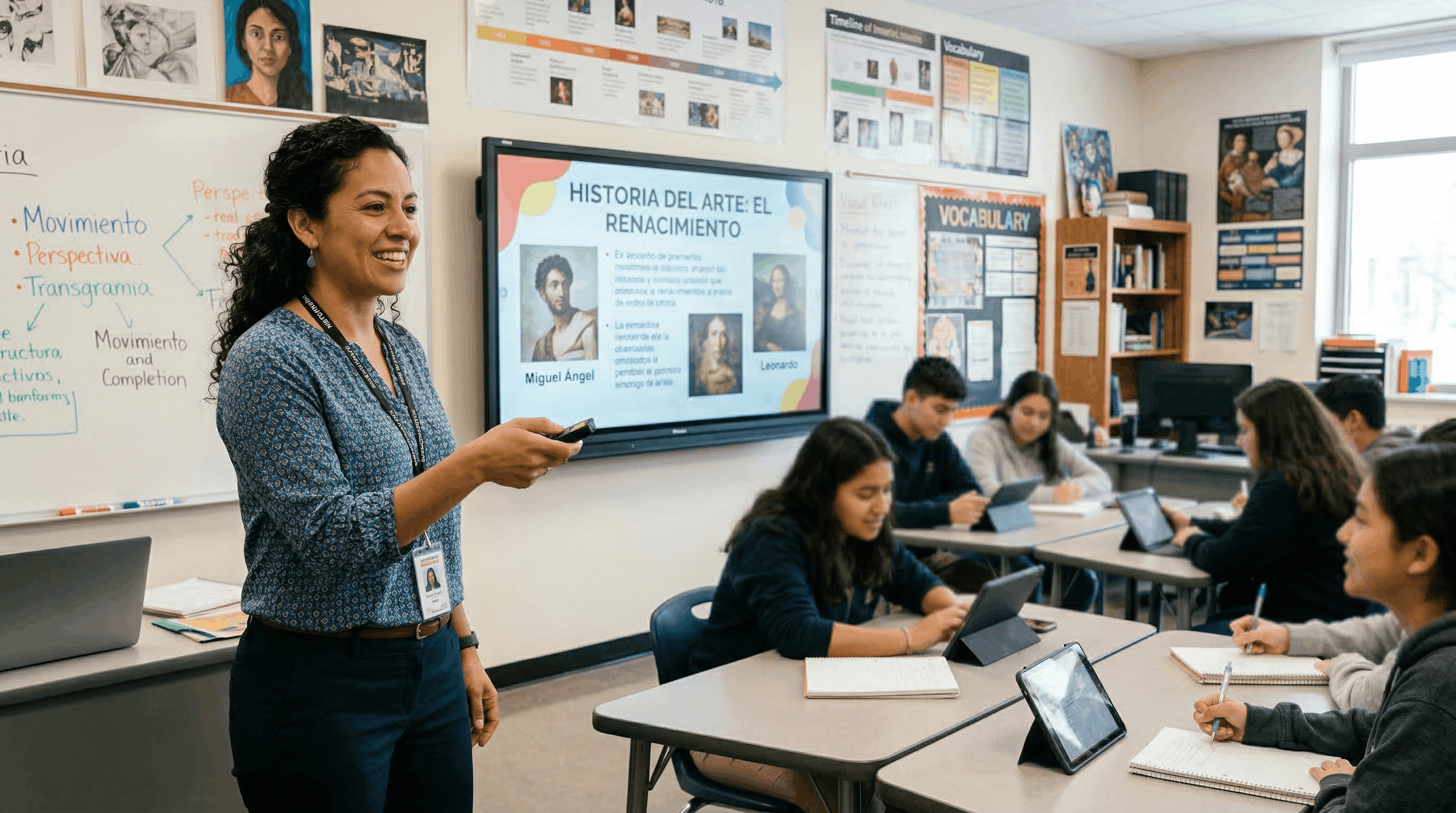 Profesor utilizando Hey Pixel durante una clase presencial en un colegio